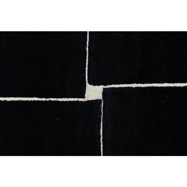 Contemporary Graphic Basketweave Black and Cream Wool Rug Modernist Grid 8x10 For Sale - Image 9 of 12