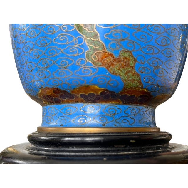 Antique 19th Century Chinese Cloisonné Vase Lamp With Cherry Blossoms & Swallows on Cobalt Blue Ground, 18" For Sale - Image 10 of 15