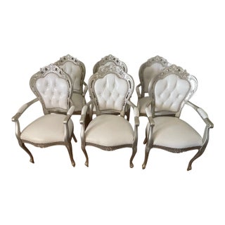 White Leather Baroque Rococo Style Dining Arm Chairs - Set of 6 For Sale