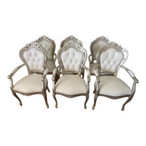 White Leather Baroque Rococo Style Dining Arm Chairs - Set of 6