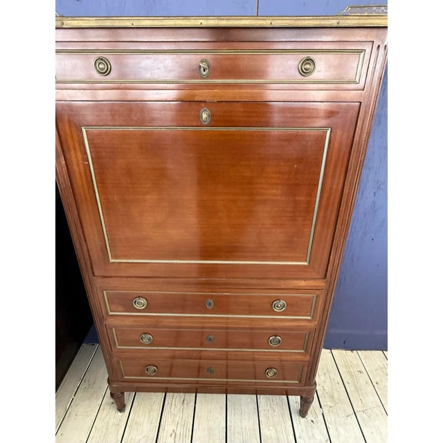 19th Century 19th Century French Louis XVI Mahogany Secretary Desk Carrara Marble Top For Sale - Image 5 of 14