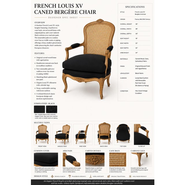 French Mid 20th Century French Louis XV Caned Bergère Armchair — Original Finish With Black Removable Cushion Cover For Sale - Image 3 of 3