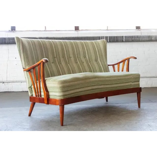 Danish 1940's Loveseat With Open Wooden Armrest and Green Striped Wool For Sale - Image 10 of 10