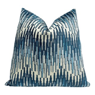 Blue Multi Zigzag Velvet Throw Pillow With Feather Down Insert For Sale