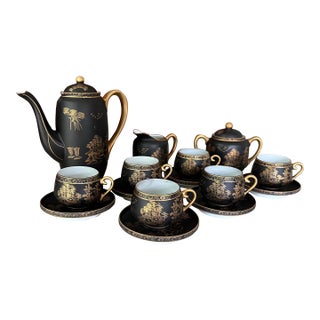 Vintage Kutani China Hand-Painted Black & Gold Japanese Tea Set With Teapot & Cups - Set of 15 For Sale