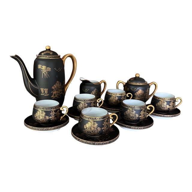Vintage Kutani China Hand-Painted Black & Gold Japanese Tea Set With Teapot & Cups - Set of 15 For Sale