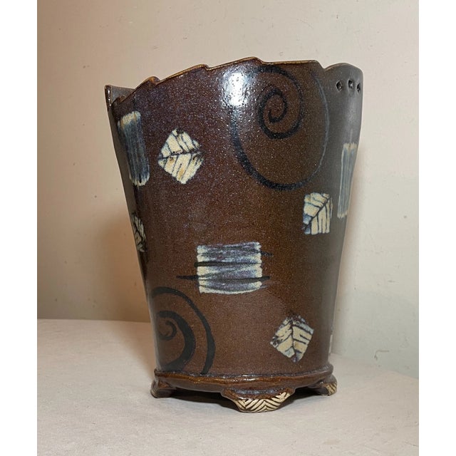 Tall Unique Vintage Handmade Signed Rs Glazed Brown Swirl Art Pottery Vase For Sale - Image 9 of 14