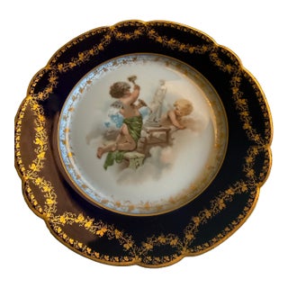 Antique Wm. Guerin Limoges Cobalt & Gilt Hand-Painted Cherub Cabinet Plates – Pair For Sale