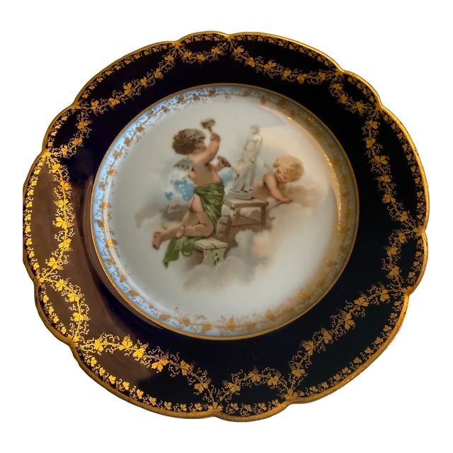 Antique Wm. Guerin Limoges Cobalt & Gilt Hand-Painted Cherub Cabinet Plates – Pair For Sale