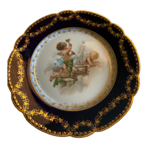 Antique Wm. Guerin Limoges Cobalt & Gilt Hand-Painted Cherub Cabinet Plates – Pair