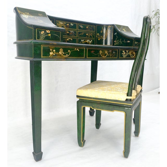 Mid 20th Century Emerald Green Lacquer Chinoiserie Desk Writing Table Console & Chair MINT For Sale - Image 5 of 18
