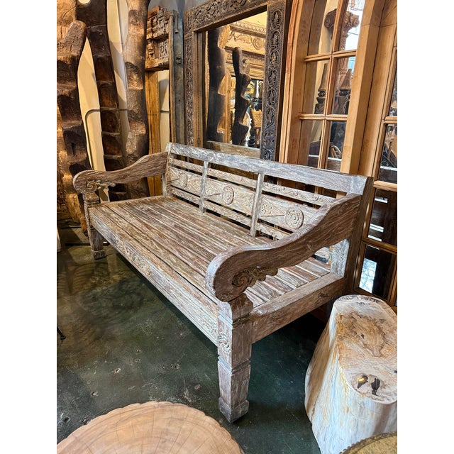 Tan Vintage Washed Teak Carved Outdoor / Indoor Bench For Sale - Image 8 of 9