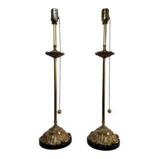 Antique Brass Acanthus Leaf Buffet Table Lamps Brass Pull Chains Black Marble Bases - a Pair For Sale