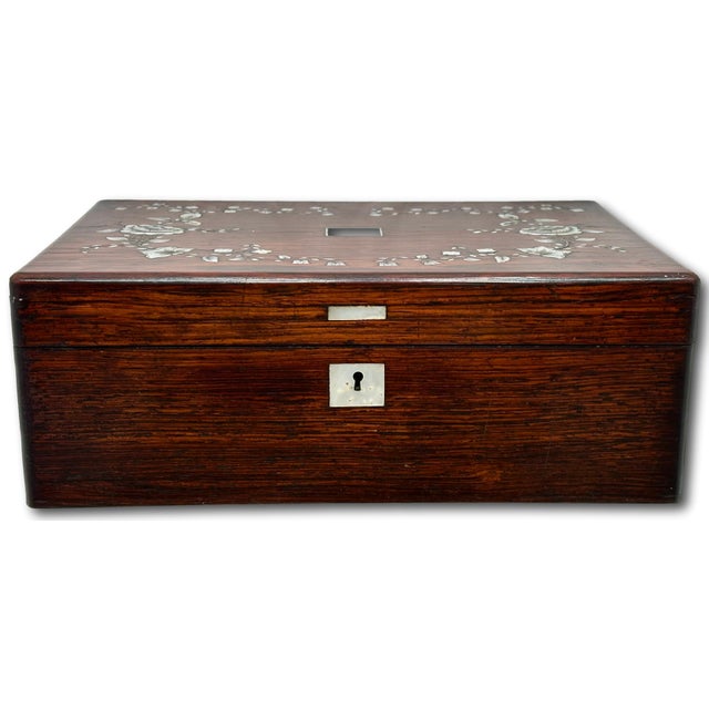 Outstanding Antique Victorian Rosewood Veneer Sewing Box With Fancy Abalone Seashell Inlay Flowers - Circa 1870s For Sale In Boston - Image 6 of 18