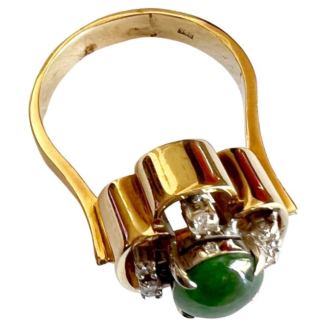 1960s Scandinavian 14k Gold Diamond Jade Engagement Wedding Cocktail Ring For Sale - Image 4 of 6