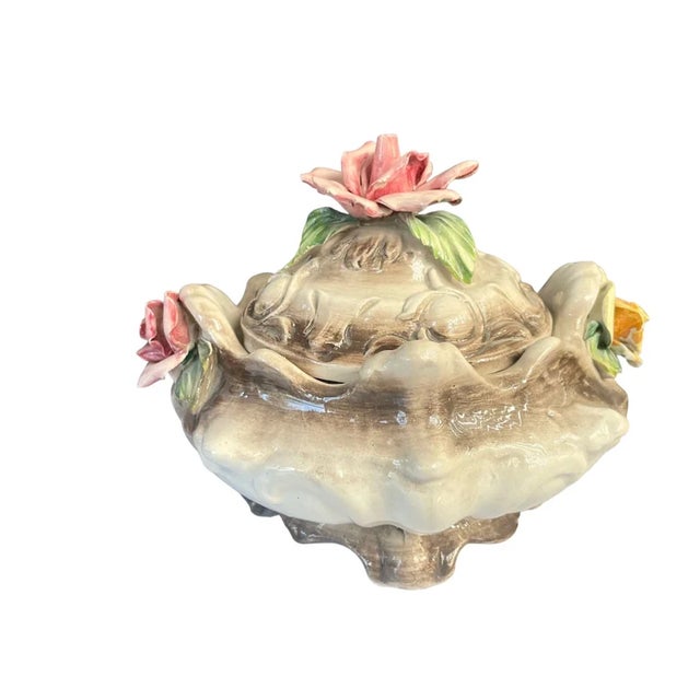 Capodimonte Vintage Italian Capodimonte Ceramic Covered Dish With Sculpted Roses For Sale - Image 4 of 8