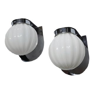Vintage Art Deco Light Old Lamp Wall Sconces Fixture Brass & Ribbed Milk Glass Shade Ship Light Lamp - Pair For Sale