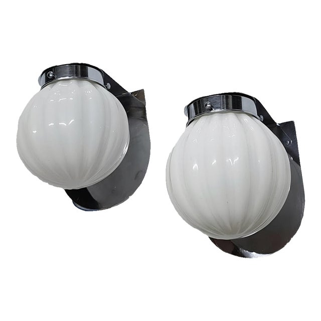 Vintage Art Deco Light Old Lamp Wall Sconces Fixture Brass & Ribbed Milk Glass Shade Ship Light Lamp - Pair For Sale