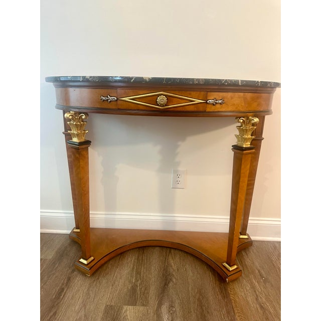 Late 20th Century Empire Revival Giltwood & Burlwood Demilune Console Table With Black Marble Top For Sale - Image 10 of 11