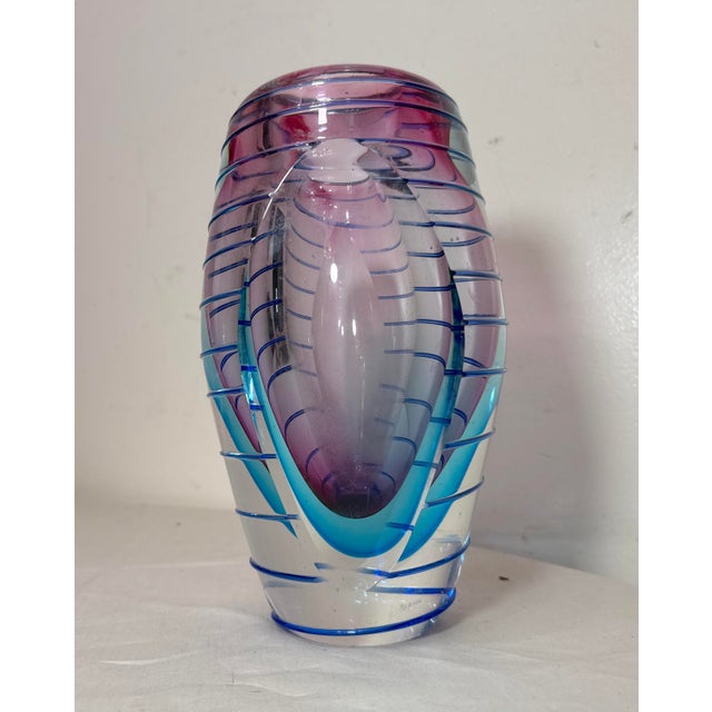 Pink High Quality Vintage Hand Blown Italian Murano Signed Art Studio Glass Vase For Sale - Image 8 of 14