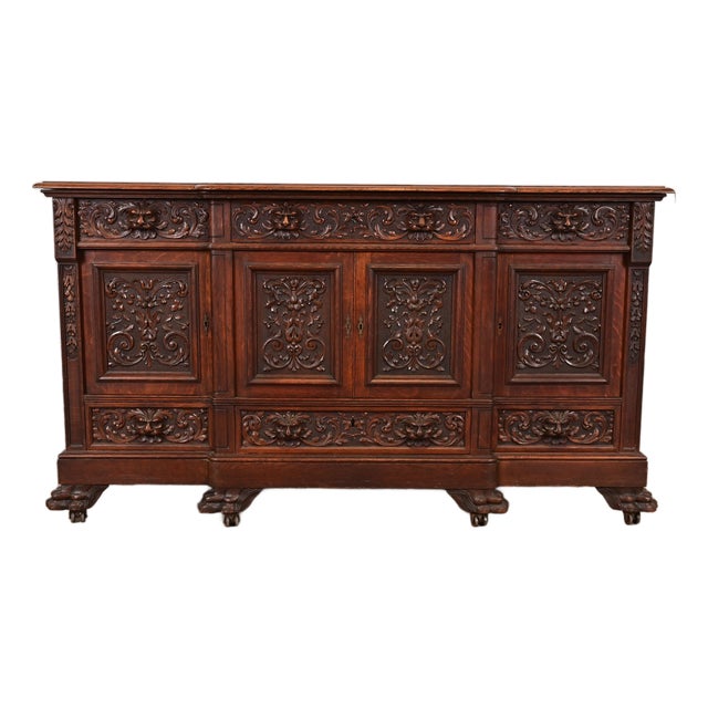 R. J. Horner Renaissance Revival Carved Oak Sideboard or Bar Cabinet, Circa 1890s For Sale