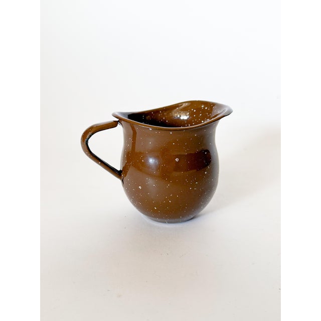 Vintage Mexican Enamelware Splatter Creamer Pitcher in a great rich brown with white splatter. Measures: 4" x 3" x 3" h