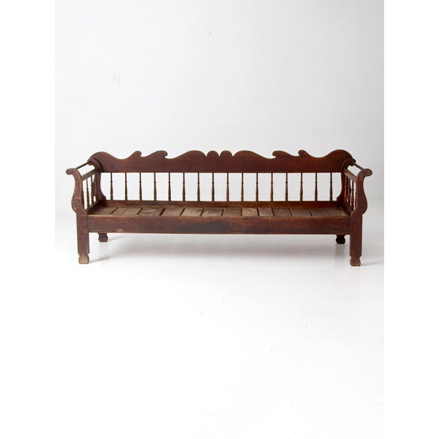 Antique 19th Century Wooden Spindle Back Bench With Scalloped Crest Rail For Sale - Image 16 of 18