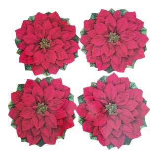 1990s Christmas Poinsettia Cork Placemats - Set of Four For Sale