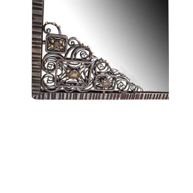 Early 20th Century Magnificent Hand Hammered Iron & Brass Inlaid French Art Deco Mirror For Sale - Image 5 of 17