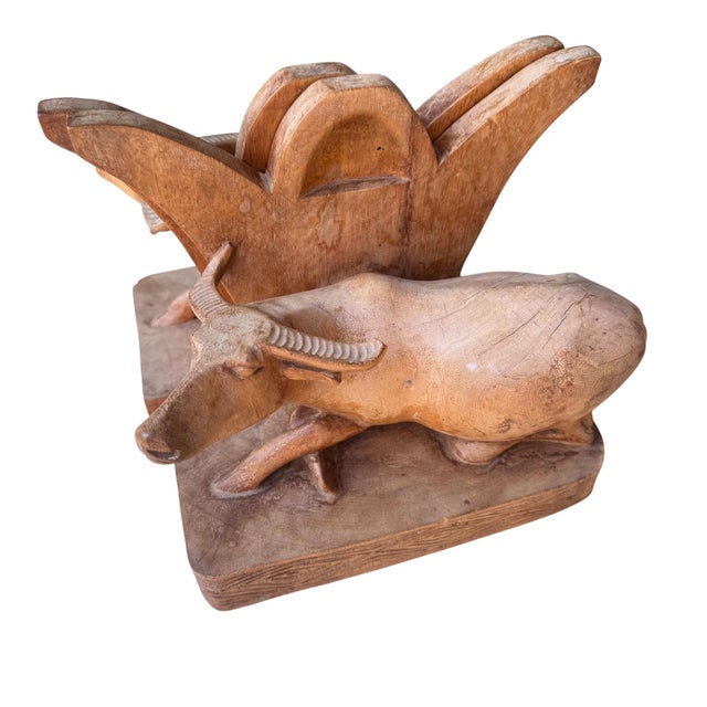 Arts & Crafts Pair of Vintage Carved Wooden Water Buffalo Bookends For Sale - Image 3 of 7