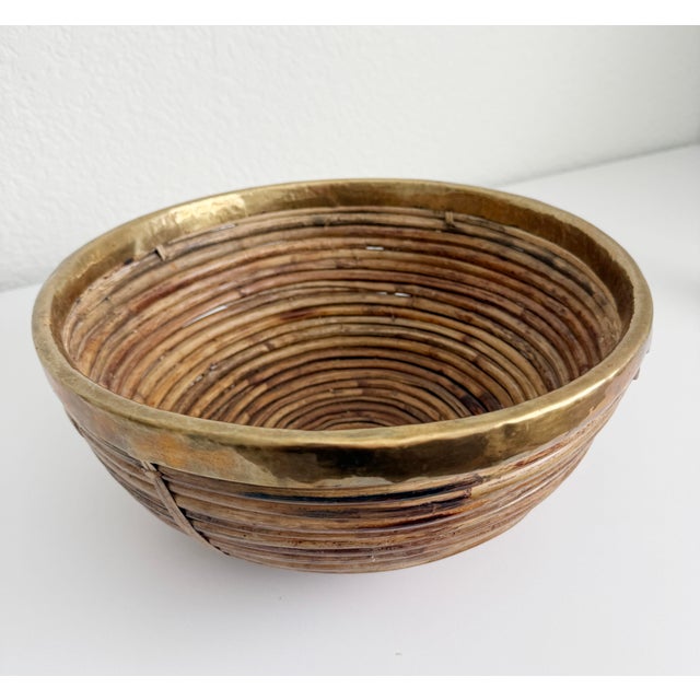 Brass 1970s Gabriella Crespi Brass and Split Reed Basket Bowl, Attributed For Sale - Image 8 of 10