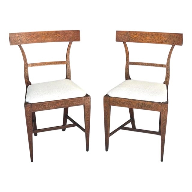 Rare Pair of Late 18th Century Directoire Penwork and Cherrywood Side Chairs, Circa 1790. For Sale