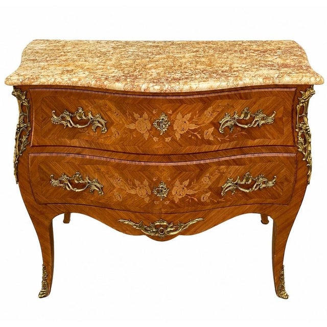 Louis XV Style Chest of Drawers in Marquetry and Veined Marble, 1930s For Sale - Image 11 of 11