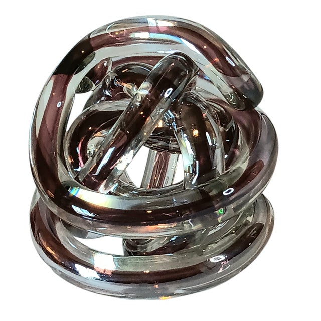 Art Deco Abstract Art Glass Knot Twisted Infinity Decor Paperweight Clear & Purple Colors 4" X 3.5" For Sale - Image 3 of 11