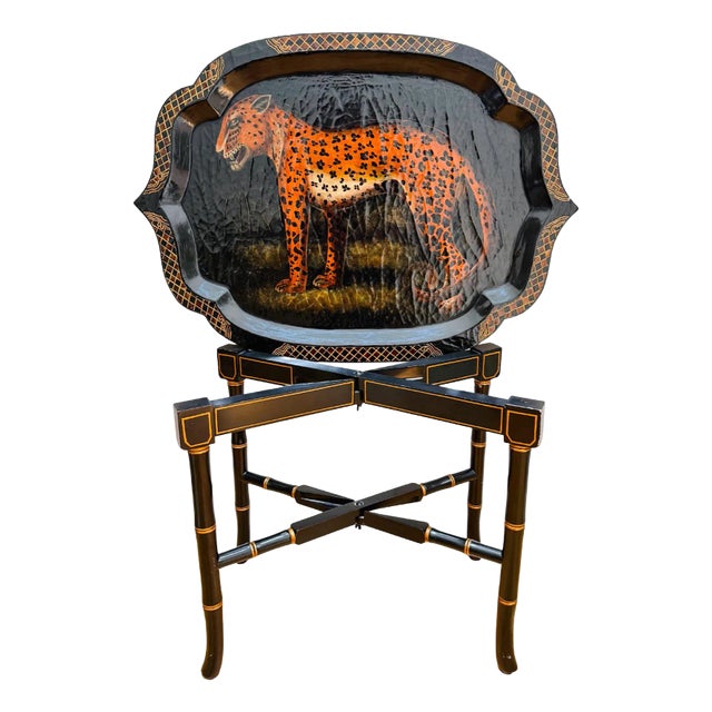 Chinoiserie Black Lacquered Faux Bamboo Table With Removable Leopard Tray For Sale