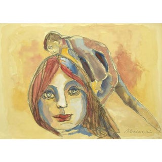 Mino Maccari, The Kiss, Watercolor and Charcoal, 1960s For Sale