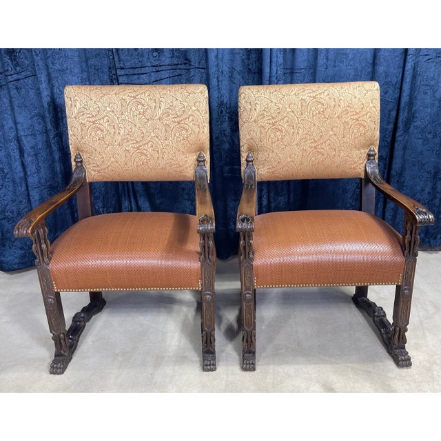 This is a wonderful Set of 8 1930s Gothic Style Dining Chairs With Woven Leather Seats and Damask Fabric Backs. The set...