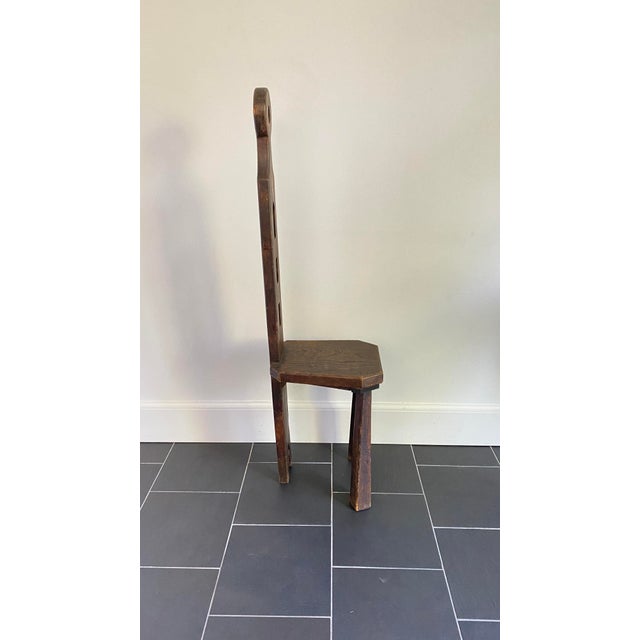 Early 20th Century Vintage Primitive Three Legged Carved Wood Chair For Sale - Image 4 of 8