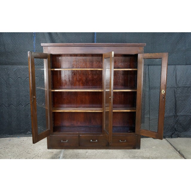 Antique Mission Oak Arts & Crafts Triple Bookcase Curio Display Cabinet 61" For Sale - Image 11 of 15