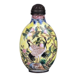 Vintage Painted Enamel on Copper Snuff Bottle – Crane & Peach Motif For Sale