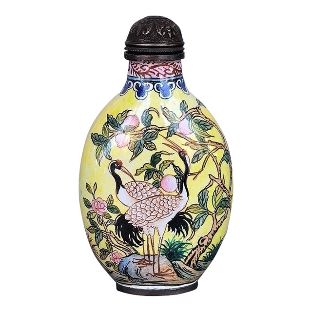 Vintage Painted Enamel on Copper Snuff Bottle – Crane & Peach Motif For Sale