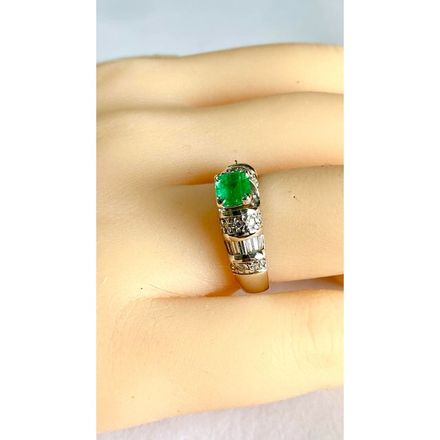 Metal Vintage Emerald Shaped Emerald Baguette Round Diamond 14k White Gold Ring Size 6 For Sale - Image 7 of 9