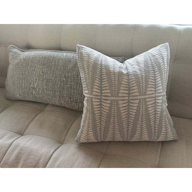 18" square throw pillow with knife edge, covered in Galbraith and Paul "Fern" in color Wave. Down fill.