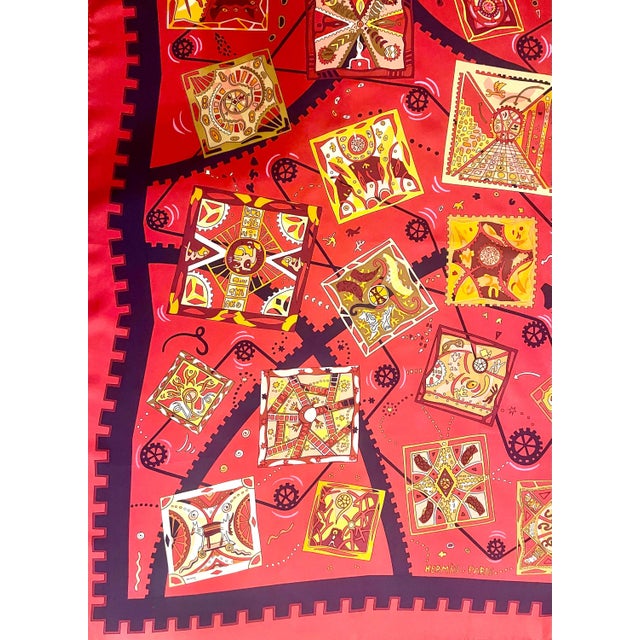 HERMES MÉCANIQUE des IDÉES red silk scarf designed Henry Christine 2004 France For Sale In New York - Image 6 of 14