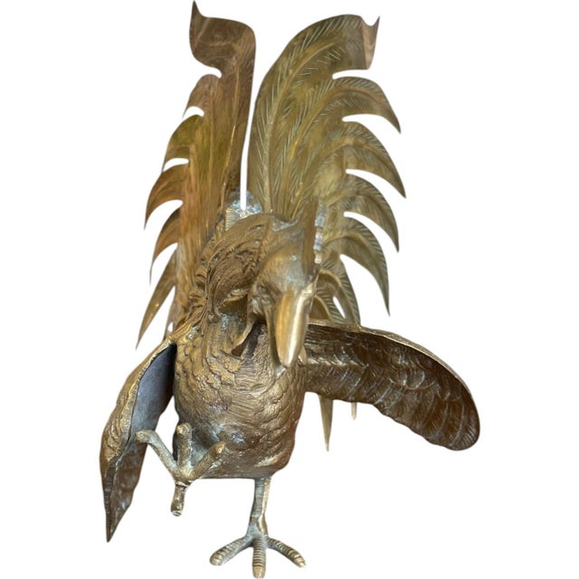 1970s Vintage Sculptural Rooster Figurine in Possibly Brass With Oversized Tail Feathers. For Sale - Image 5 of 10