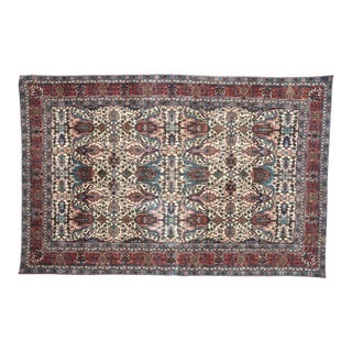 Vintage Turkish Isparta Rug 6'6" X 10'2" Hand-Knotted Wool, Ivory Teal Rust All-Over Palmette & Cypress Tree Design For Sale