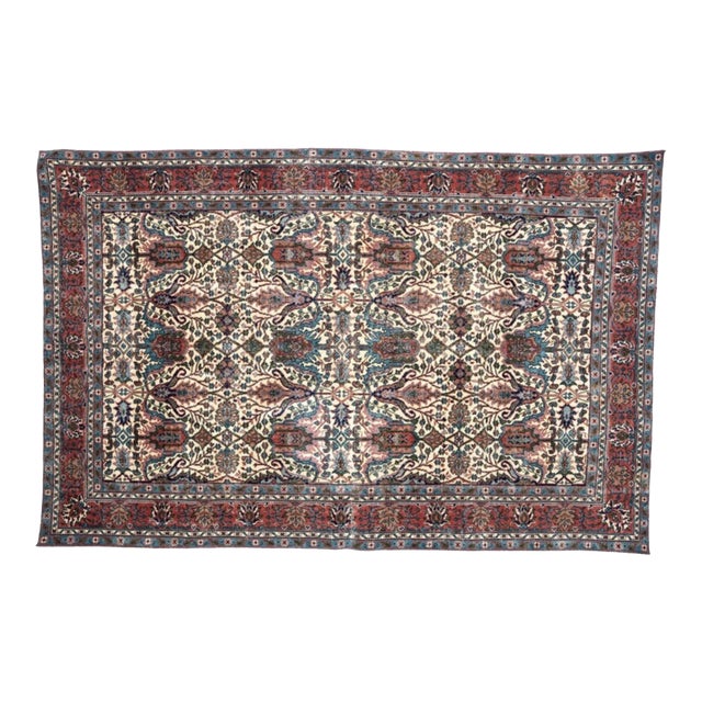 Vintage Turkish Isparta Rug 6'6" X 10'2" Hand-Knotted Wool, Ivory Teal Rust All-Over Palmette & Cypress Tree Design For Sale