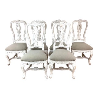 Vintage Gustavian Rococo Style Carved Wood Farmhouse Dining Chairs, Set of 6 For Sale
