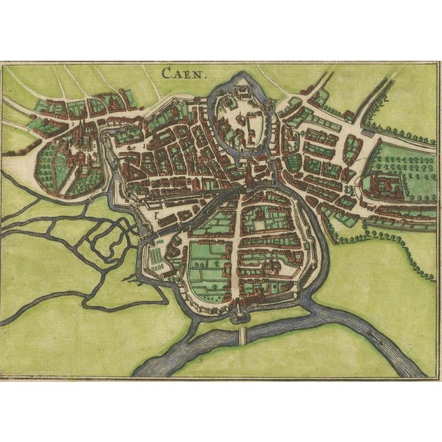 Antique Hand-Coloured Normandy Town of Caen Map Engraving, 1666 For Sale - Image 6 of 9