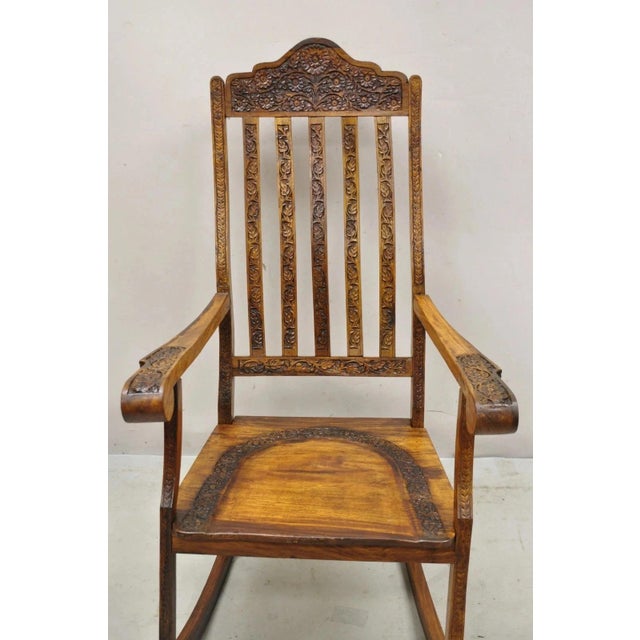 Vintage Anglo Indian Carved Teak Wood Rocking Chair Rocker For Sale - Image 11 of 12